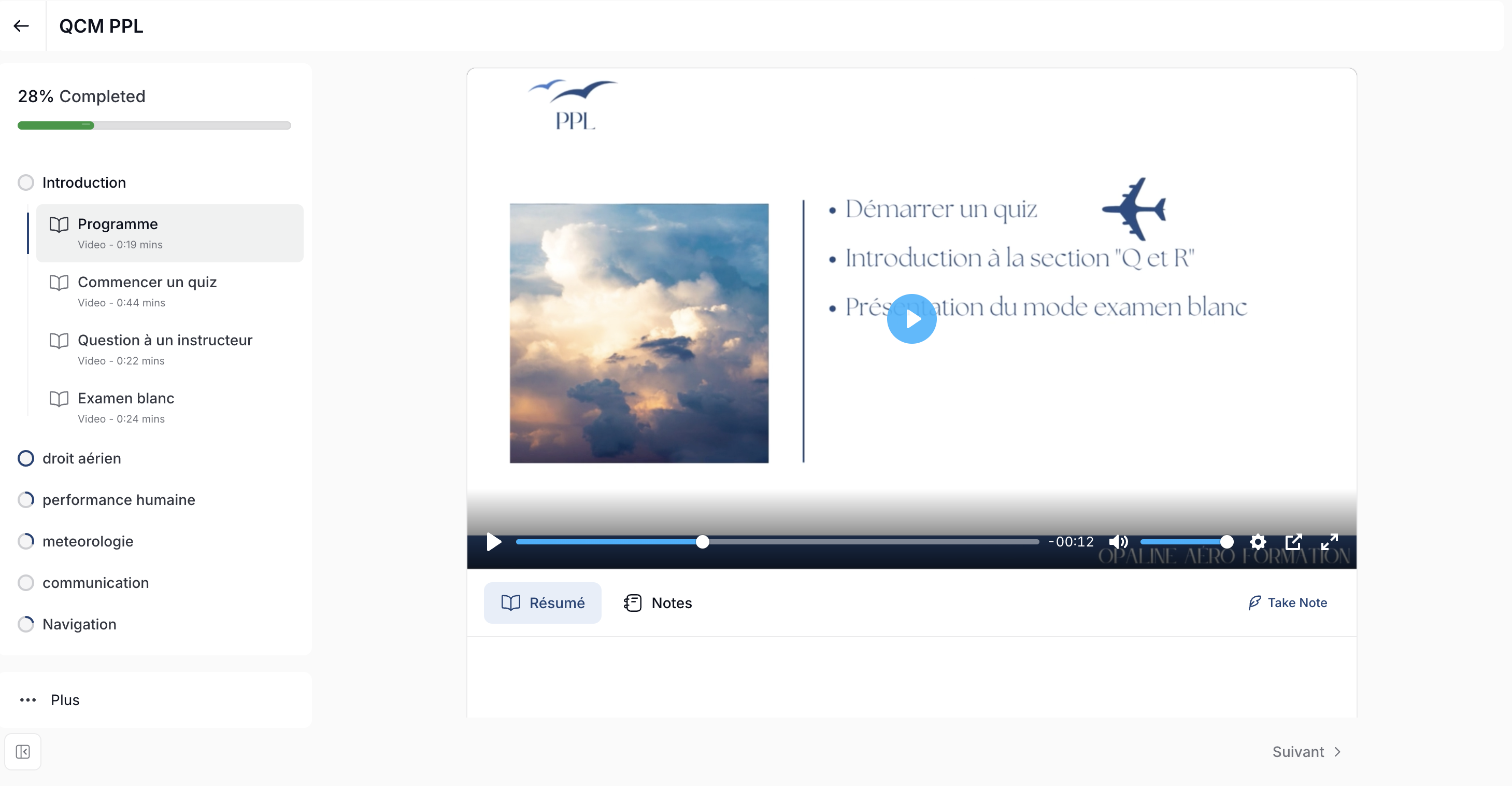 Session vidéo QCM PPL sur la plateforme e-learning Opaline